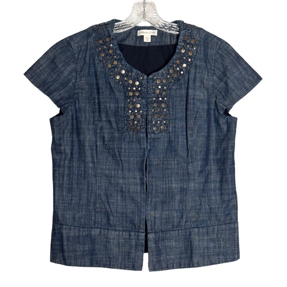 Coldwater Creek Studded Denim Jacket 14 Cap Sleeve Dark Chambray Boho Western - Picture 2 of 9